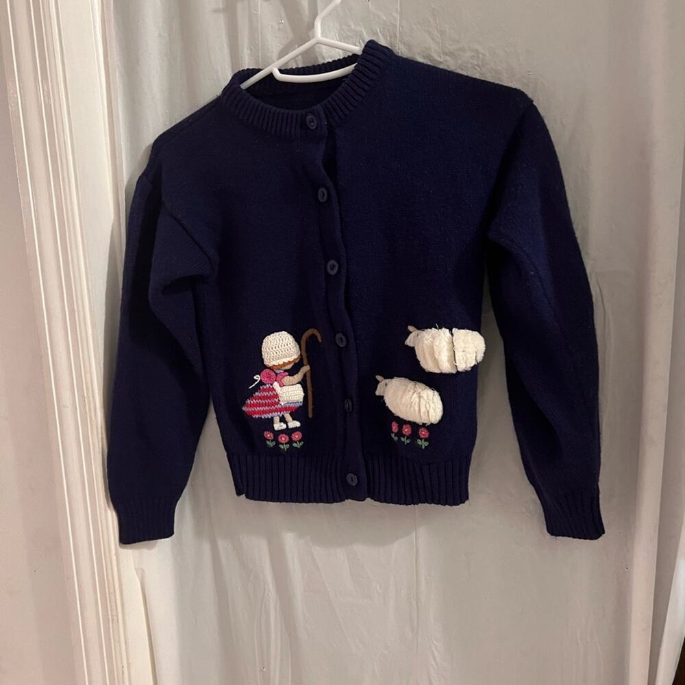 Little Bo peep navy blue 3 d girls button up cardigan sweater size small